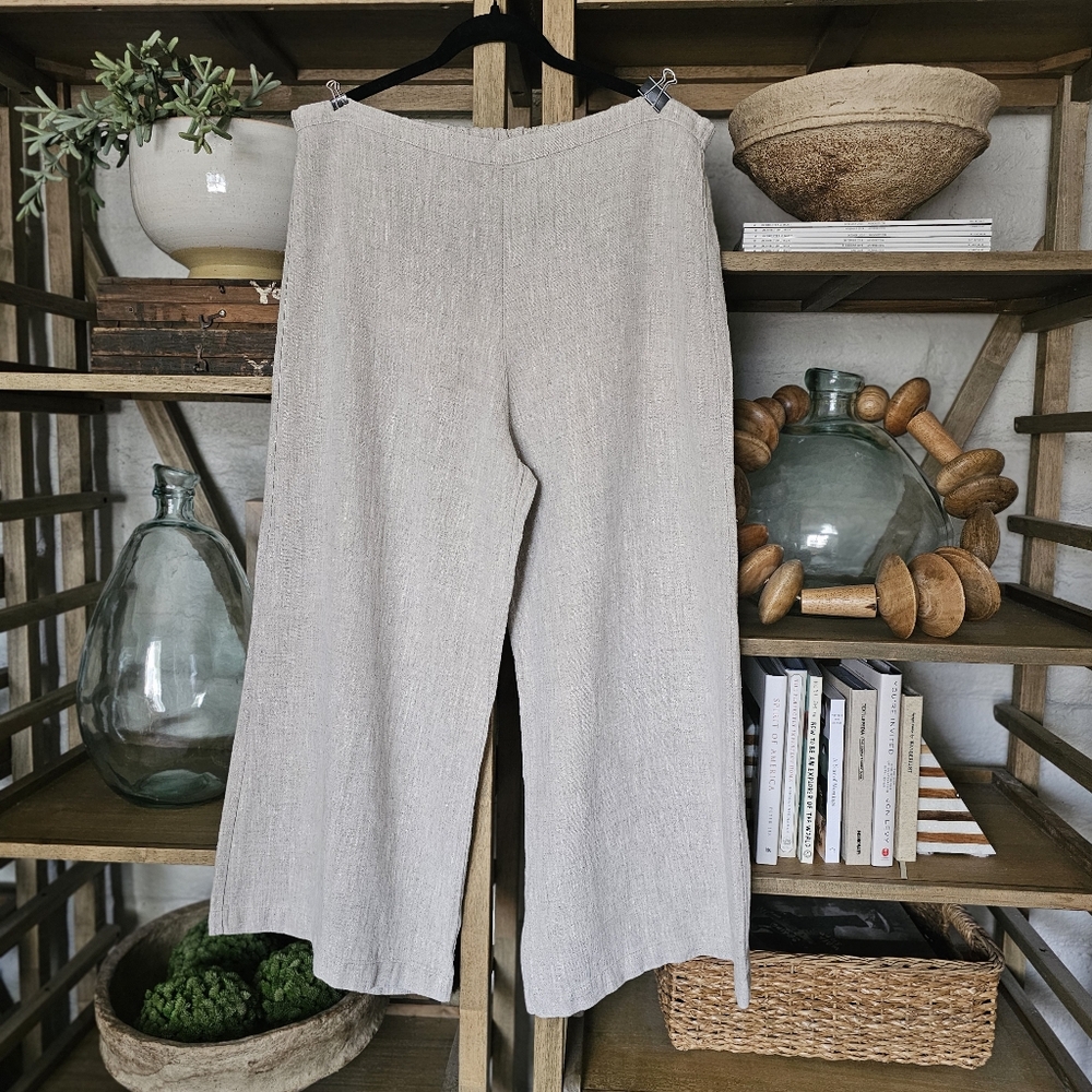 Bryn Walker Linen Wide Leg Pants Cream Tan Woven Lagenlook Coastal Boho Sz L